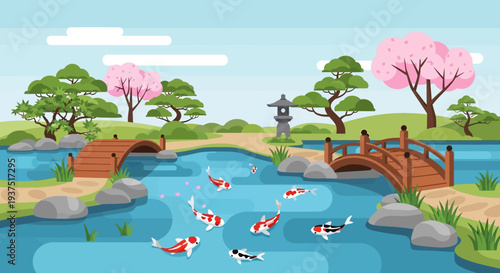 Japanese Garden with Koi Pond and Cherry Blossoms