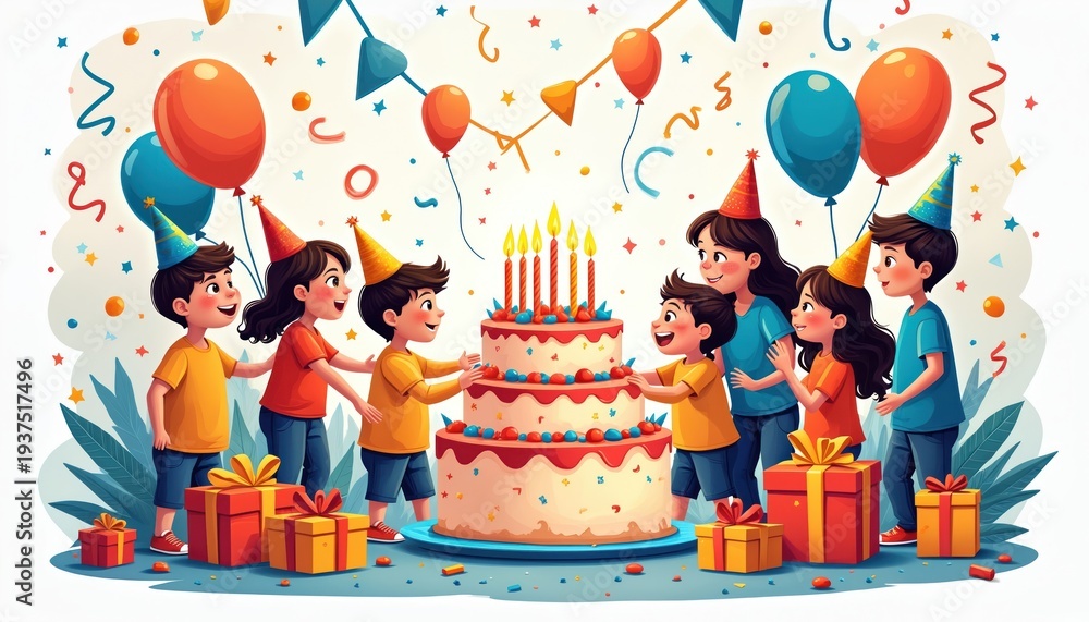 Fototapeta premium Children celebrate birthday party around large cake. Kids wear party hats, balloons float above gifts. Happy scene with bright colors, festive decorations, joyful mood.