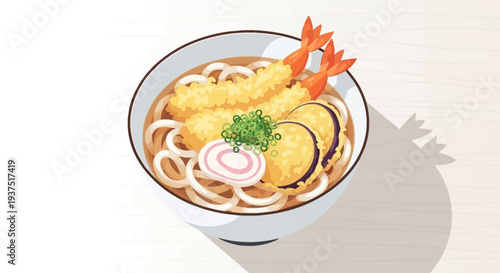 Tempura Udon Noodle Soup with Shrimp and Eggplant