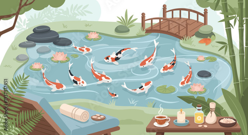 Zen Koi Pond Garden Oasis with Spa Elements