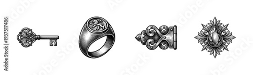 Vintage engraving collection of medieval artifacts including ornate key, lion signet ring, decorative metal hinge, and filigree gemstone pendant