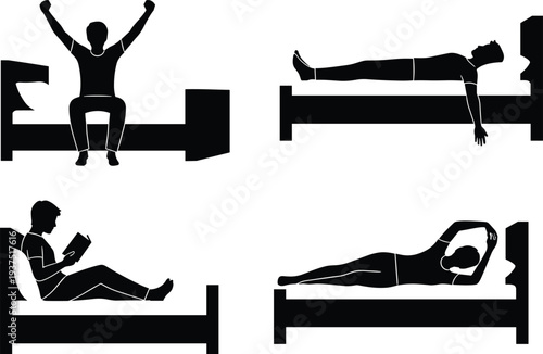Set of black silhouettes showing people in various bed positions including sleeping, waking up, reading, and resting on a white background.