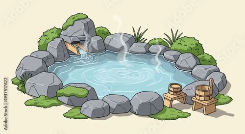 Japanese Hot Spring Onsen with Wooden Buckets