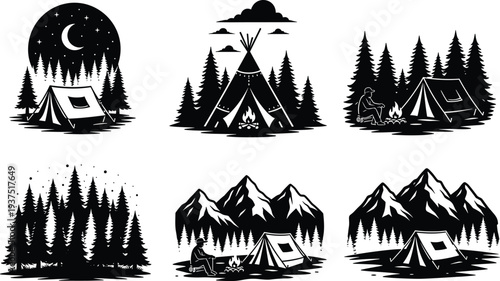 Set of black and white camping vector illustrations featuring mountain landscapes, forest silhouettes, tents, campfires, and outdoor adventure icons for rustic designs.