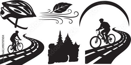 Cycling Silhouettes on Winding Roads at Sunset with Trees