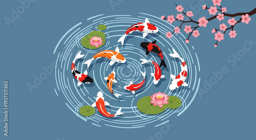 Koi Fish Swimming in Pond with Cherry Blossoms