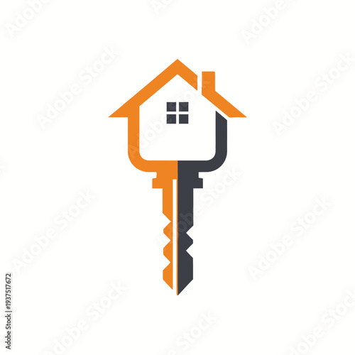 Modern house key icon with split color design for real estate and home security branding representing locksmith services and residential property management on white background here