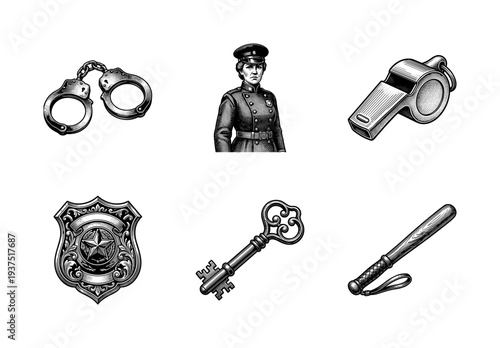 Vintage engraving style law enforcement icon set featuring handcuffs officer whistle badge skeleton key and police baton