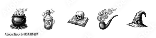Vintage hand drawn engraving style mystical alchemy and wizardry collection featuring cauldron potion bottle skull grimoire smoking pipe and witch hat