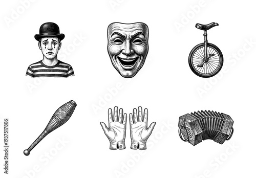 Set of circus and mime performance icons in vintage woodcut engraving style featuring a clown mask unicycle and concertina