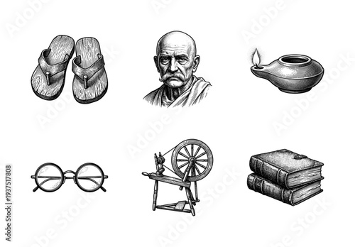 Vintage etching style collection of symbolic cultural objects including a portrait, spinning wheel, oil lamp, spectacles, wooden sandals, and old books.