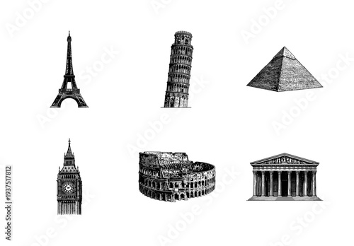 Collection of world famous architectural landmarks and historical monuments in black and white vintage engraving style