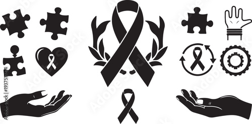Awareness ribbon and hands supporting health and hope symbols