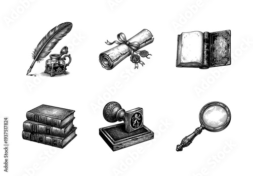 Set of vintage library and legal icons in hand drawn woodcut style including quill pen inkwell scrolls old books and magnifying glass