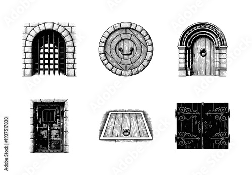 Set of medieval architectural elements featuring dungeon doors stone arches and iron barred gates in a detailed black and white engraving style
