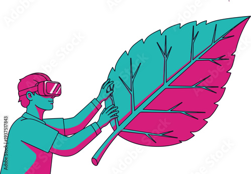 Person in VR Goggles Touching Giant Digital Leaf Metaverse Vector