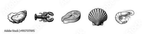 Set of seafood and fish illustrations in vintage hand drawn woodcut style including oyster lobster salmon scallop and shrimp