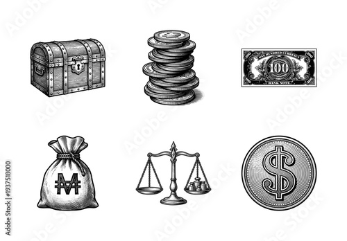 Vintage woodcut style currency and finance icon set featuring treasure chest, coins, banknote, money bag, and scales of justice.