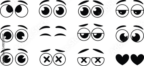 Cartoon Eyes Outline Icon Set Happy, Angry, Bored, Love Expressions Collection