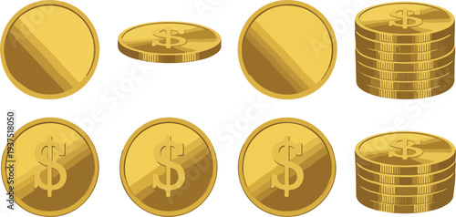  Rotating Gold Coins Icon Set 3D Angles, Dollar Design, and Movement