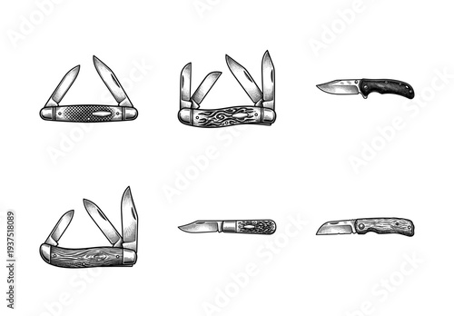 Vintage style pocket knife illustrations set featuring folding blades with wood and textured handles in a detailed woodcut engraving style