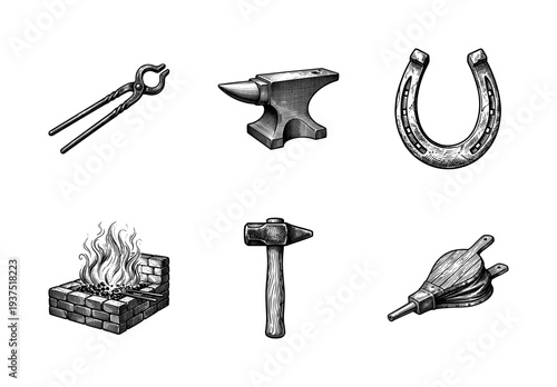 Vintage blacksmithing tool collection featuring hand drawn engraving style illustrations of an anvil, forge, bellows, hammer, tongs, and horseshoe.