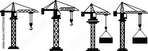 Set of Construction Tower Crane Silhouettes Vector Icons for Building Industry Site Engineering Development Infrastructure and Industrial Heavy Lifting Equipment Graphics