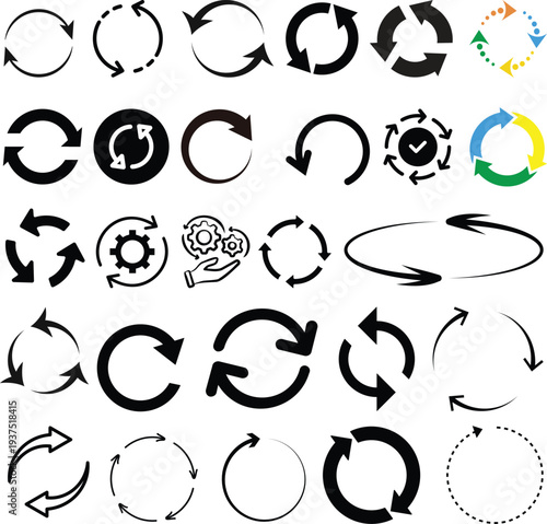 Biodegradable, compostable, recyclable icon set. Set of arrow recycle. Mega set of recycle icon. Green recycling and rotation arrow icon pack.Vector illustration.Circle arrows icon set. Round reload.