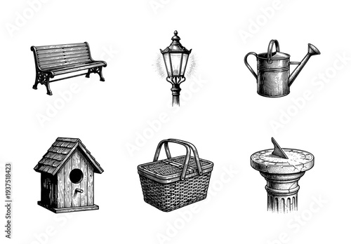 Vintage engraving style garden and patio collection featuring a park bench, lamp post, watering can, birdhouse, picnic basket, and sundial on a white background.