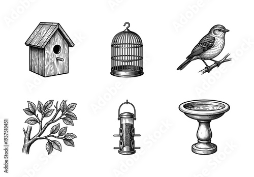 Vintage engraving style collection of bird care and garden icons including birdhouse, cage, songbird, branch, feeder, and birdbath.