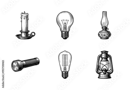 Vintage lighting equipment collection featuring hand drawn engraving style illustrations of candles lanterns and light bulbs