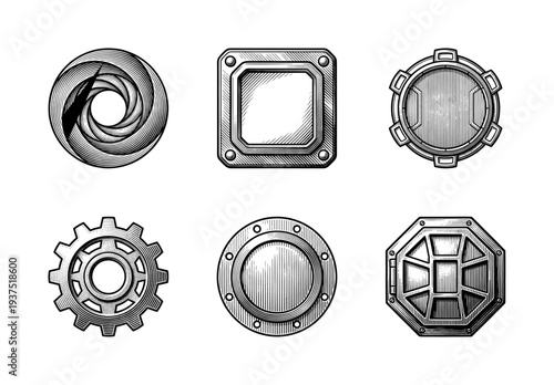 Industrial engraving style icons featuring mechanical components, portholes, gears, and sci-fi hatches in a monochromatic woodcut aesthetic for technical design