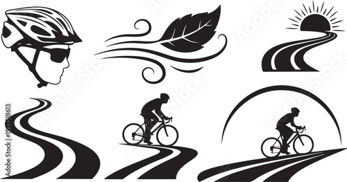 Cycling Silhouettes with Road and Leaf Elements Vector Graphics