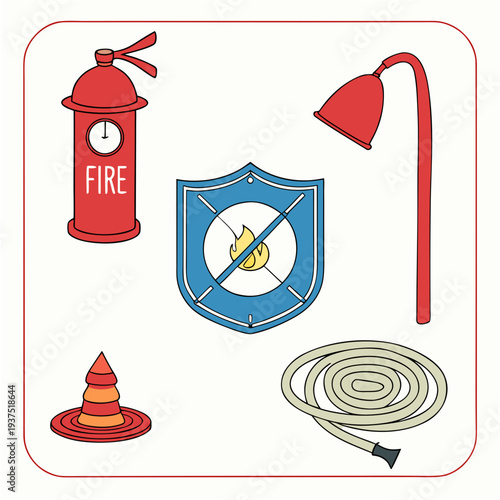 Collection of fire safety equipment: red fire hydrant, emergency shower, no-fire shield, traffic cone, coiled hose