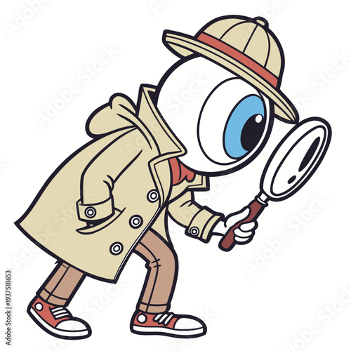 Whimsical cartoon eyeball detective with magnifying glass wearing trench coat and fedora hat