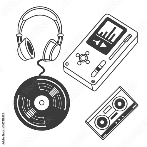 Collection of vintage and modern music devices: headphones, vinyl record, digital player, and cassette tape