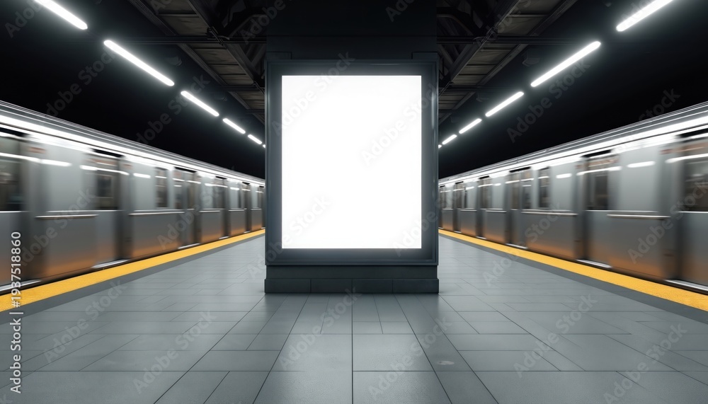 Fototapeta premium Empty glowing billboard on subway platform with fast moving trains passing by. Underground station interior with motion blur effect. Urban advertising space concept.