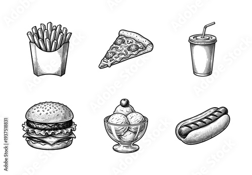 Vintage style fast food illustrations set featuring a burger pizza slice french fries hot dog ice cream sundae and soda cup in a classic woodcut engraving aesthetic.