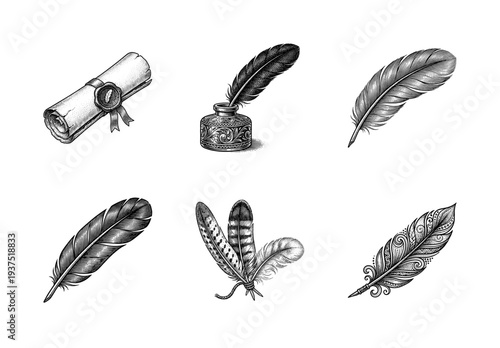 Vintage engraving collection of quill pens, inkwell, and wax sealed scroll in a classic woodcut etching style