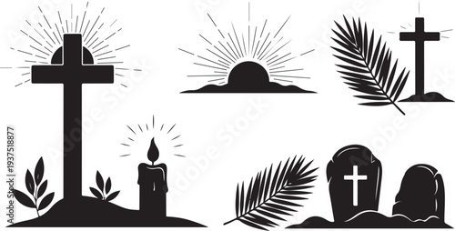 Easter Sunday silhouette graphics with crosses and palm leaves