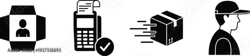 Vector icons for ecommerce logistics including product packaging, payment terminal with checkmark, fast shipping box, and delivery person silhouette, for business.
