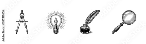 Vintage etching style set of intellectual and scientific tools including drawing compass lightbulb inkwell with quill and magnifying glass