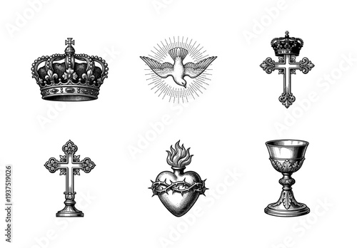Set of religious christian symbols in vintage woodcut style featuring crown dove holy spirit cross sacred heart and chalice