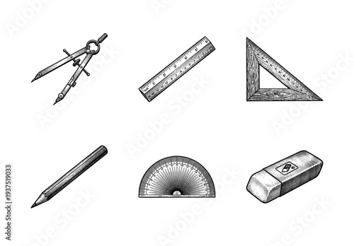 Vintage style engraving illustration of technical drawing tools including compass, ruler, protractor, and pencil for drafting and geometry