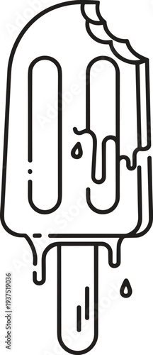 Vector illustration of a melting ice lolly popsicle with a bite taken out, sweet summer dessert icon in outline style