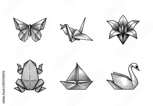 Collection of black and white origami paper folding illustrations in a vintage woodcut engraving style including animals and objects