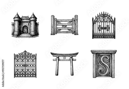 Set of vintage hand drawn architectural gate and entrance illustrations in black and white engraving style