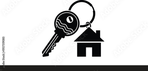 Vector illustration of a metal house key on a keyring with a small home shaped keychain, real estate sales concept