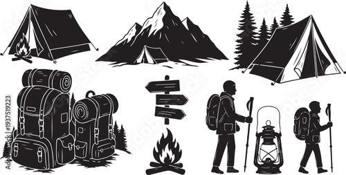 Camping and hiking icons in black and white style