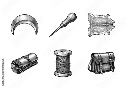 Vintage leather craft tools and accessories collection in hand drawn engraving style